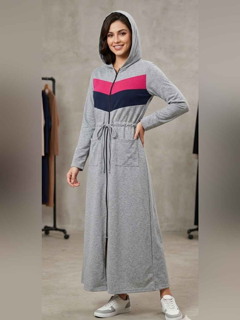 Dress Cotton Women's Gray And Blue Hooded Robe Size M